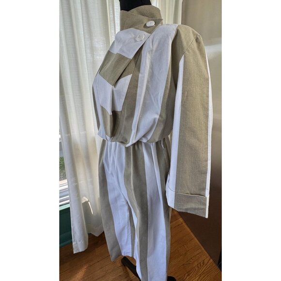 Vintage 80s jumpsuit, taupe & white stripes, avant-garde style, asymmetric top - Picture 3 of 10